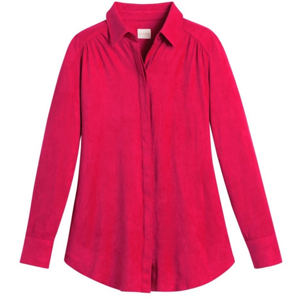 🔴 4/$15 CHICOS Women’s S Red Faux Suede Reza Long Sleeve button down shirt EUC